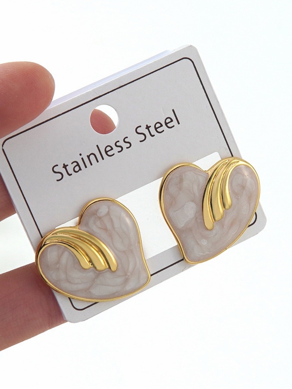 Gold Trim Cream Heart Stainless Steel Stud Earrings